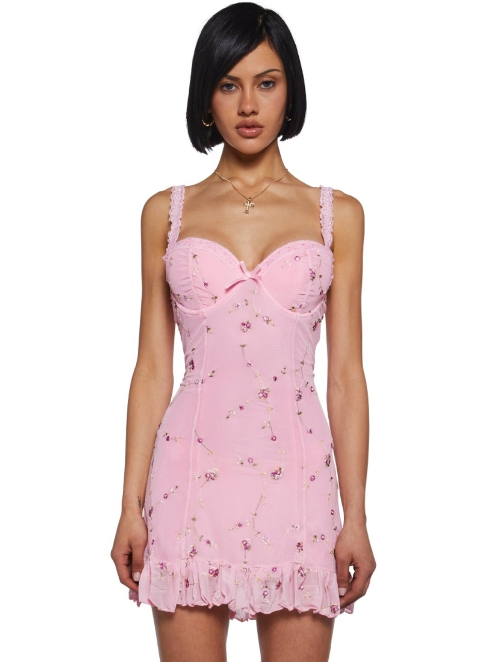 Sugar Thrillz Pink Embroidered Floral Lace-Trim Mini Dress